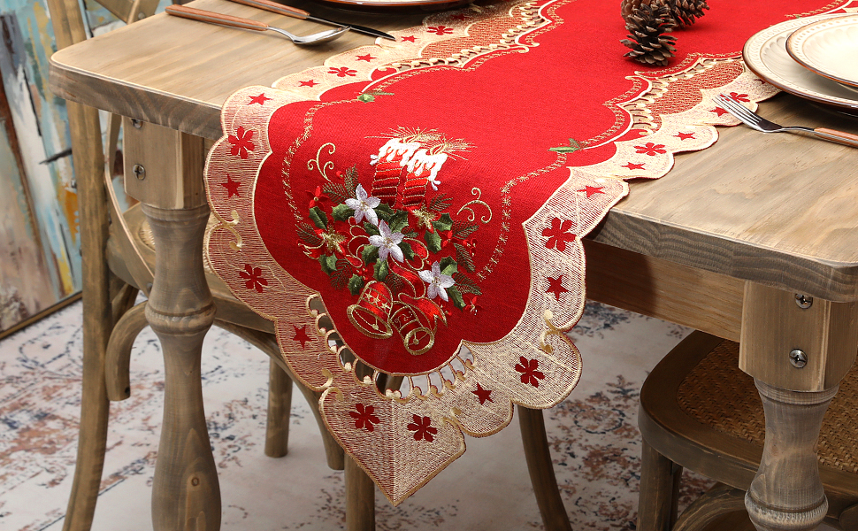 Embroidered Christmas Table Runner , 70 ×15 Inches Holiday Table Runners Winter