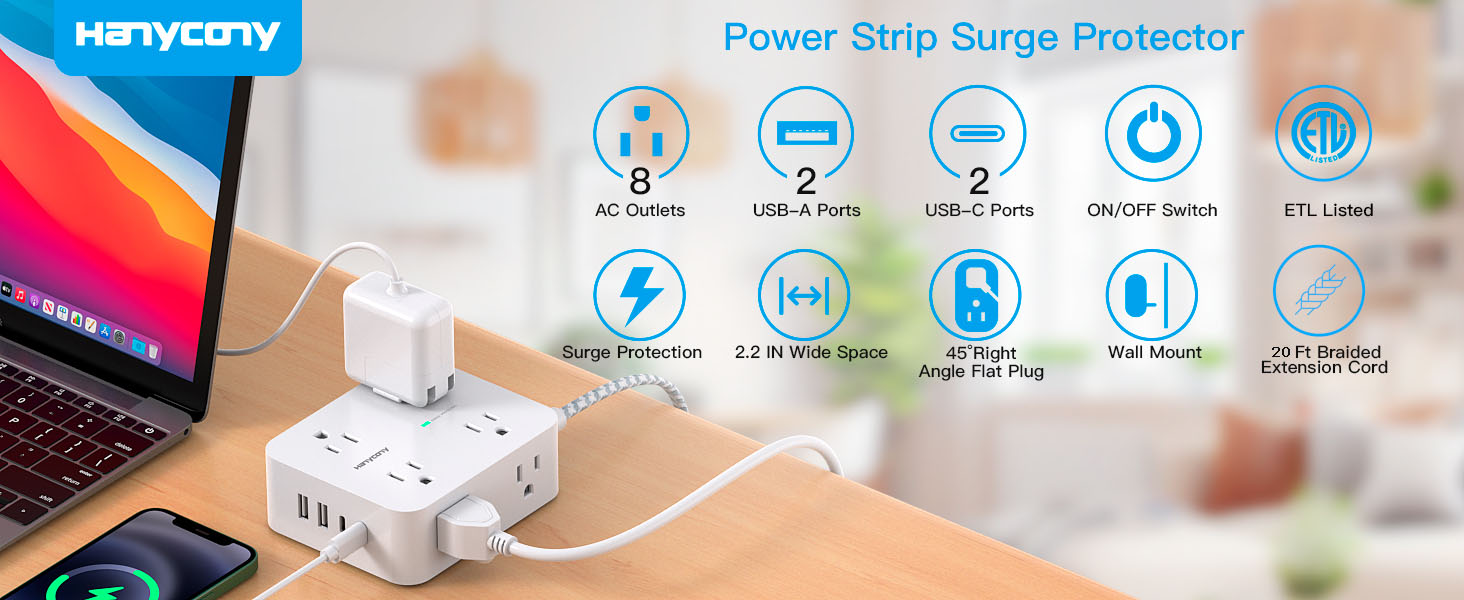 Extension Cord 20 Ft, Power Strip Surge Protector with 8
