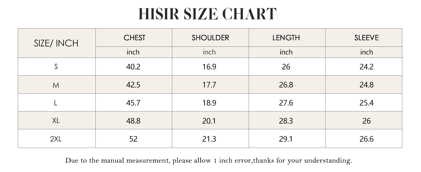 Size chart showing measurements for clothing items, displaying dimensions for chest, shoulder, length, and sleeve across multiple sizes from M to 2XL.