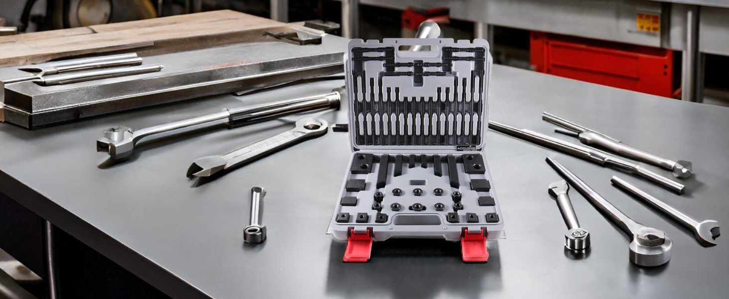 Accusize Industrial Tools 58pc Deluxe Steel Clamping Kit Table Slot & Stud Size: 1/2" & 3/8"-16