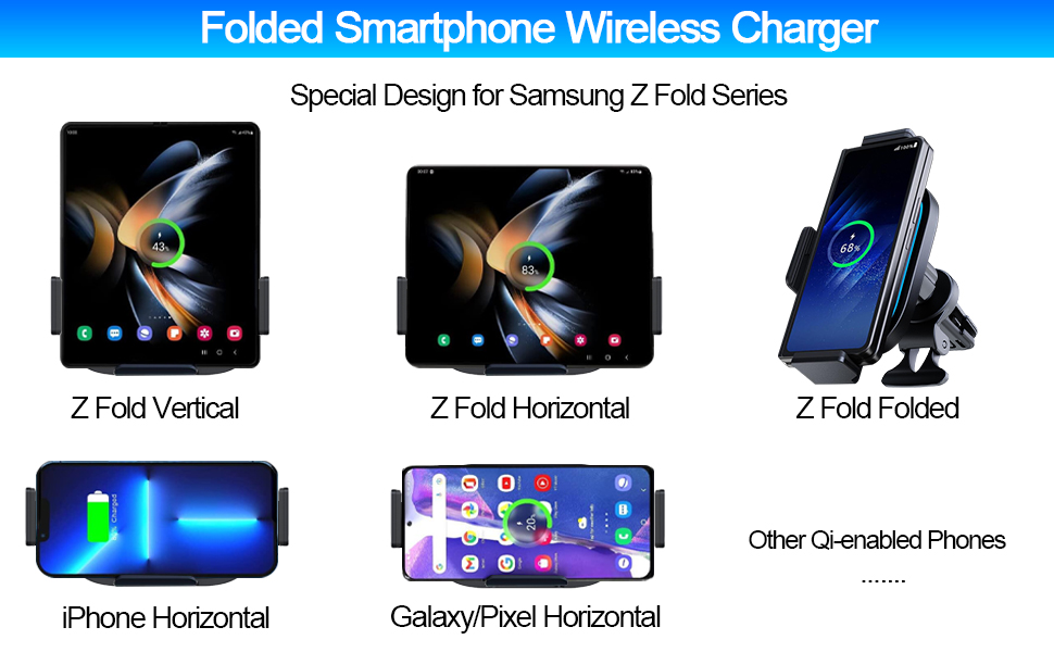 Wireless Car Charger for Galaxy Z Fold 5/4/3/2, 15W Fast Charging Car Mount, Car Accessories, Air Vent Charging Car Phone Holder for Galaxy Z Fold 2, Landscape Mobile Phone Mount for Galaxy Z Fold 16 wireless car charger