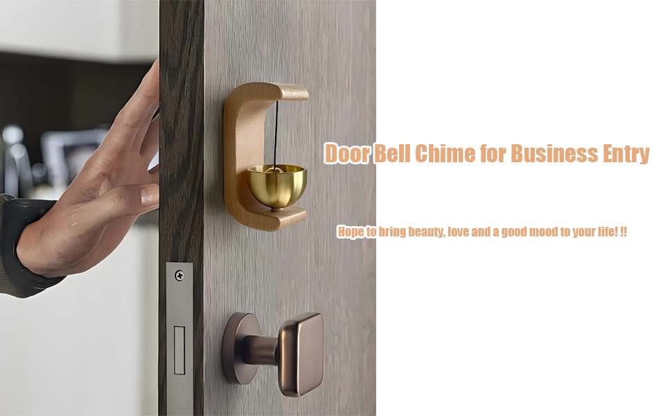 A hand gently opens a door adorned with a Lovelyduo wooden and brass hanging bell chime