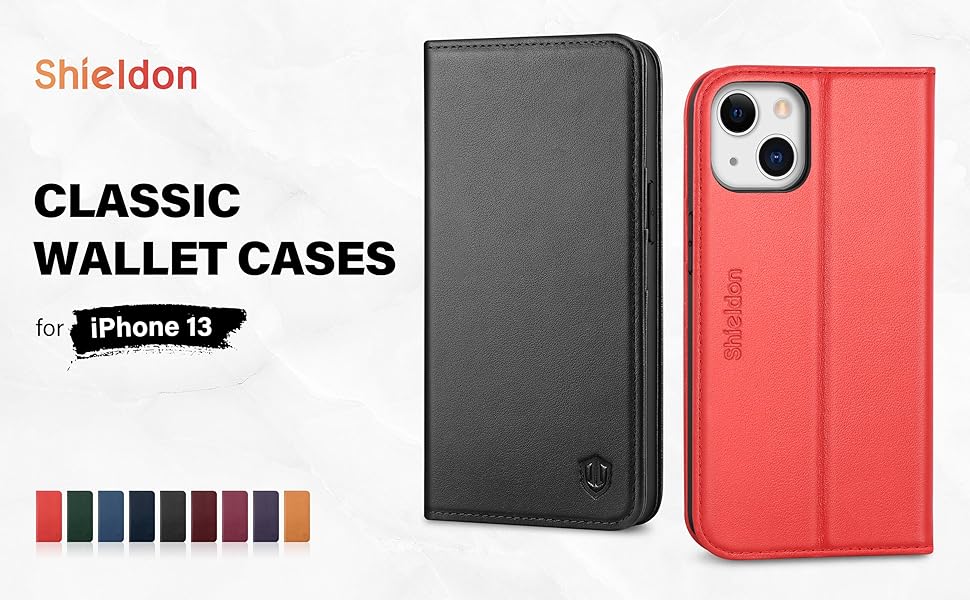 SHIELDON Wallet Case for iPhone 13, Genuine Leather Folio Case [Card