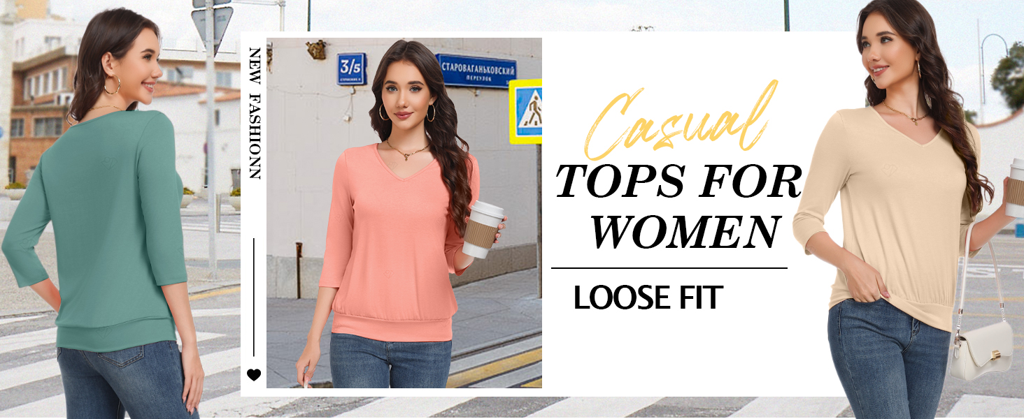 3/4 Length Sleeve Womens Tops