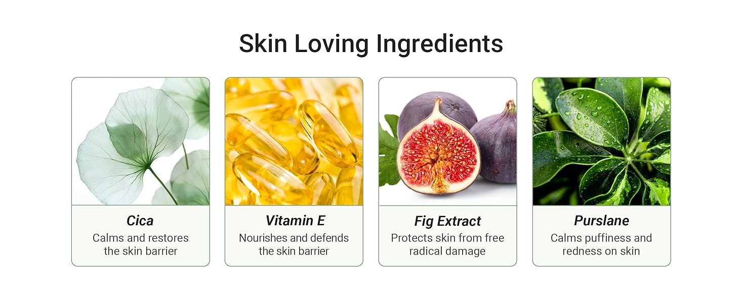 skinloving ingredients cica calms vitamin e nourishes fig protexts purslane calms puffiness redness