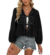 D-Sun Women V-Neck Tie Front Denim Shirt Peplum Babydoll Jean Blouse Long Puff Sleeves Y2K Croppe...