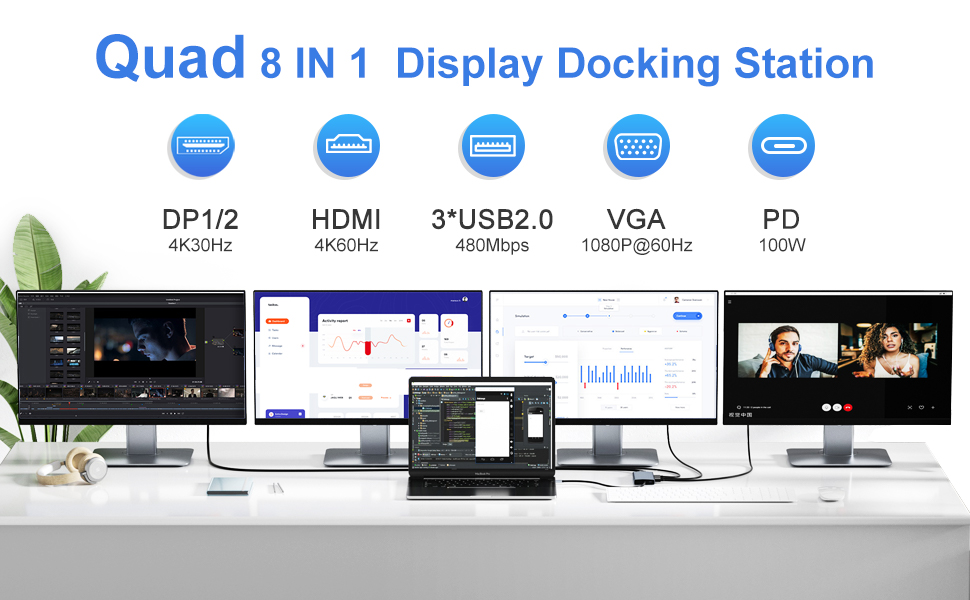 Docking Station Dual Display Port, 8 in 1 USB C Hub Multiport Adapter