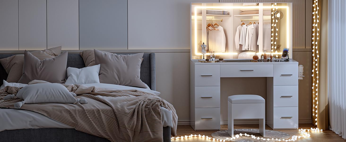 vanity desk with mirror and lights