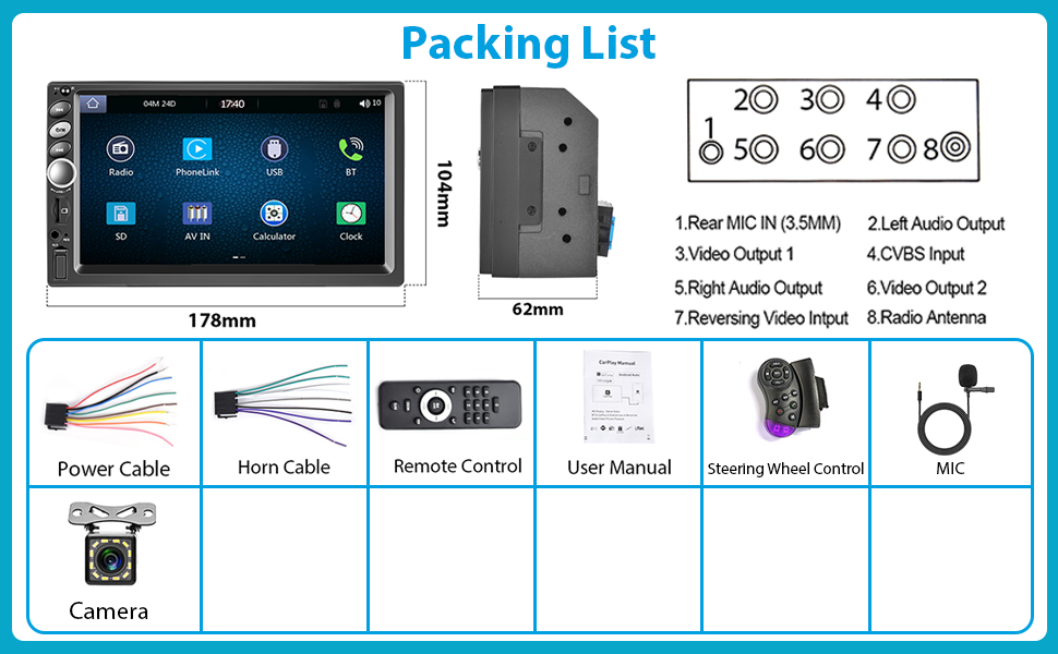 Car Radio Double Din Car Stereo Apple Carplay, Rimoody 7 Inch Touch