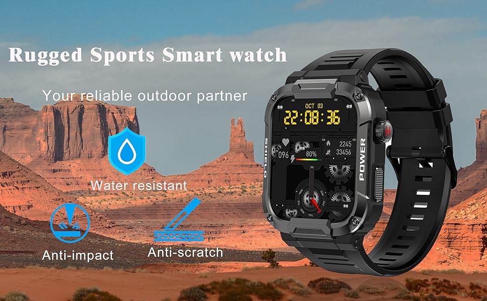 QinsanJSC Military Style Mens Smart Watch for Android Phones Water Resistant Fitness