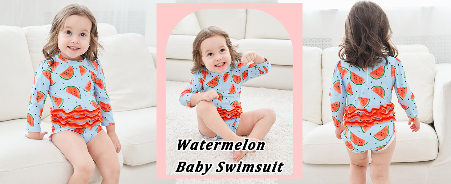 Baby Girls Swimsuit Long Sleeve Ruffles Rash Guard UPF 50+ One Piece