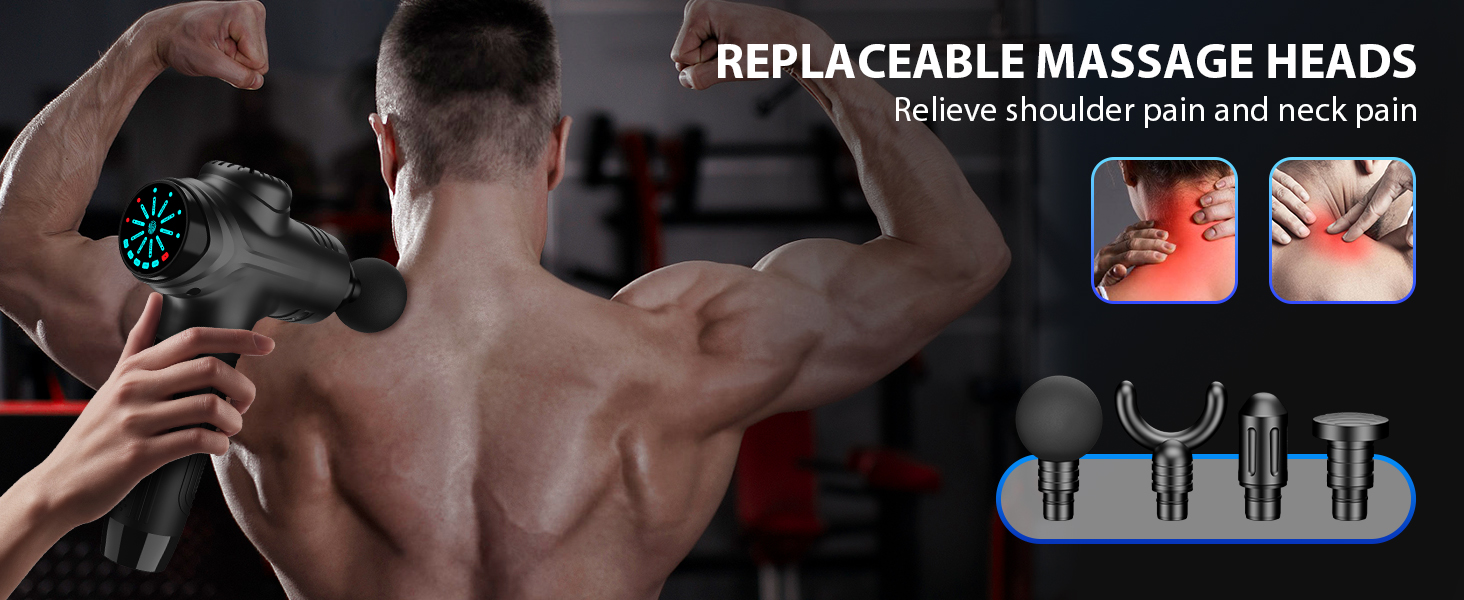Rechargeable massage gun for post-workout recovery and muscle therapy, featuring various speeds and attachments