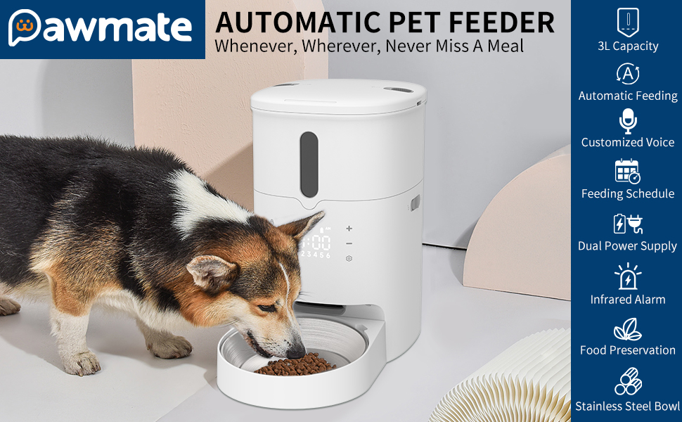 Pawmate Automatic Cat Feeder, 3L Timer Pet Feeder with Touch Display