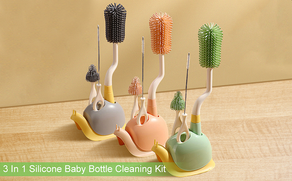 Baby Bottle Brush Set,3 in 1 Silicone Baby Bottle Cleaning Brush Kit with Stand
