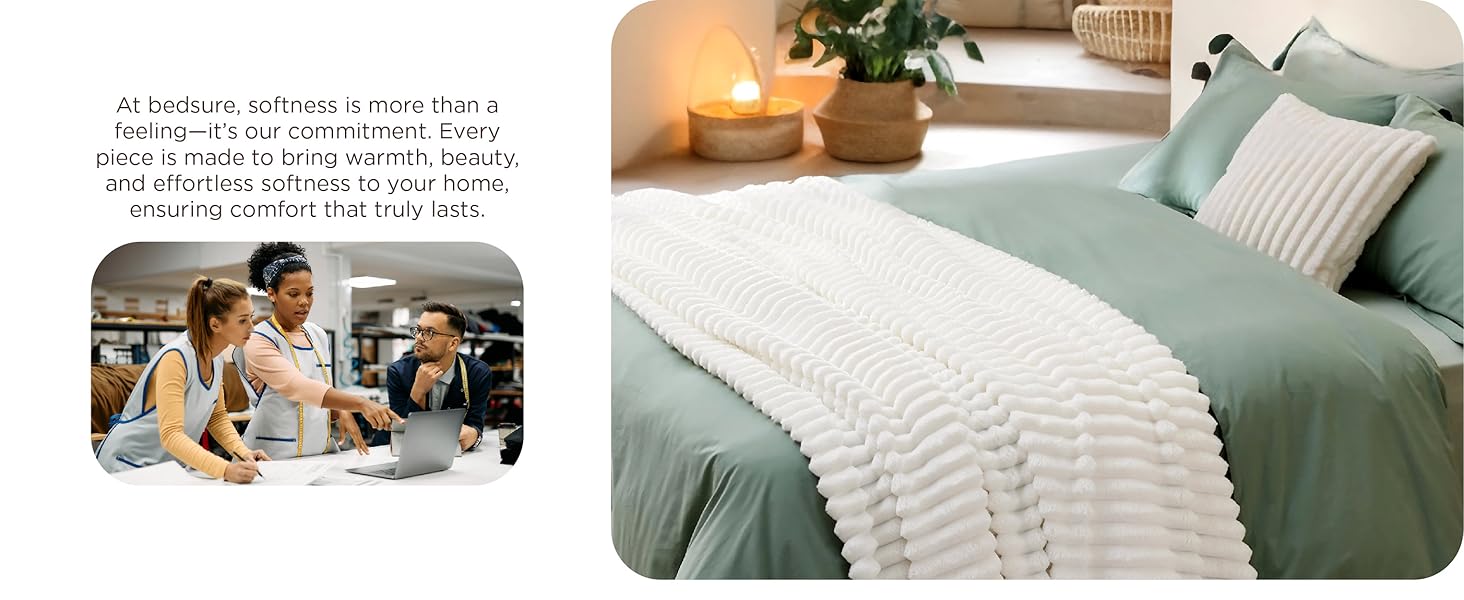 Cozy bedroom with mint green bedding and white textured throw. Lit candle and plant on nearby surface create warm ambiance.