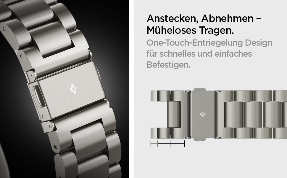 Metallisches Uhrenarmband mit One-Touch-Auslösemechanismus. Die Nahaufnahme zeigt das Gliederdesign und den Schnellversschluss zum einfachen