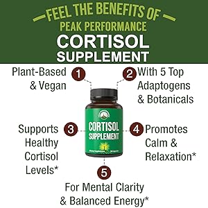 004d60a6-e959-493e-8c0b-da71094cdb40.__CR0,0,2000,2000_PT0_SX300_V1___ 5-in-1 Cortisol Supplement for Women & Men. Lower High Cortisol with Ashwagandha, Rhodiola Rosea, L-Theanine, Phosphatidylserine, Magnolia Bark. Calm Relaxation, Balanced Energy, Vegan Supplements