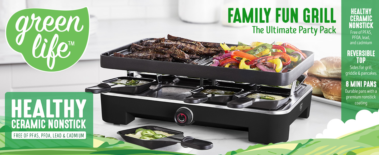 GreenLife Raclette Indoor Tabletop Grill, Healthy Ceramic
