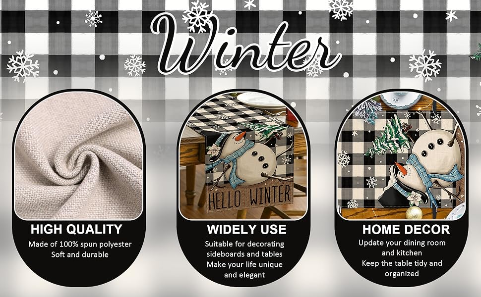 Seliem Hello Winter Snowman Table Runner, Black White
