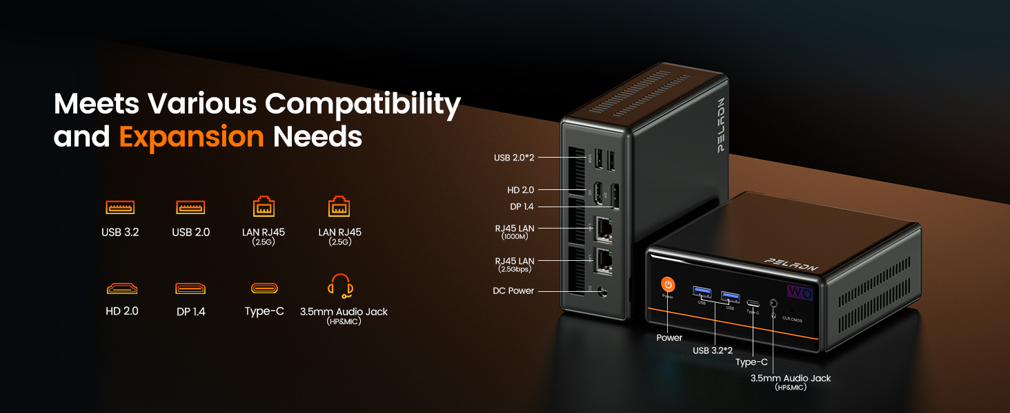 Mapa de puertos: USB, HD 2.0, DP1.4, Type-C, RJ45 2.5G/1G, audio, DC