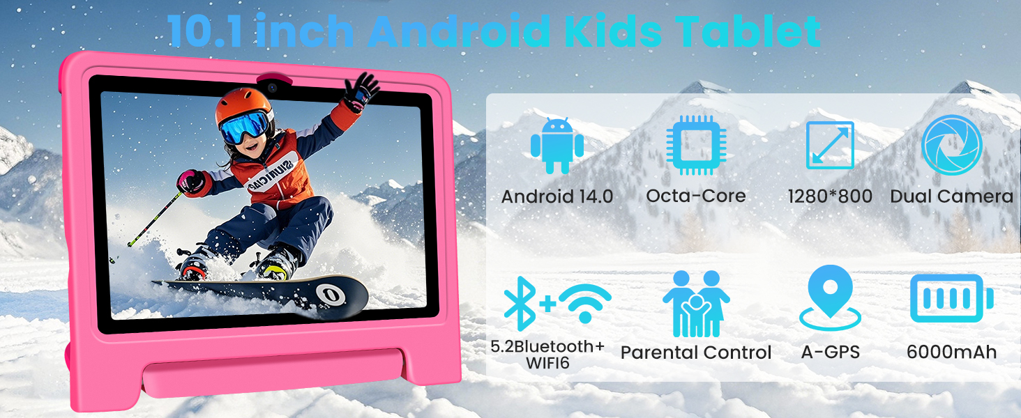 Kids Tablet 10.1 inch Android 14 Octa-Core 64GB 6000mAh Kids Space Parental Control Dual Camera