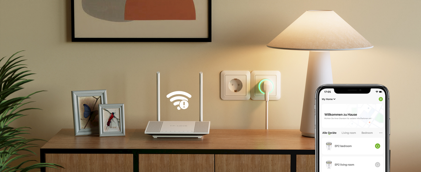 Home-Tech-Setup mit weißem WLAN-Router auf einem hölzernen Konsolentisch mit Smartphone und WiFi-Verbindungsschnittstelle.
