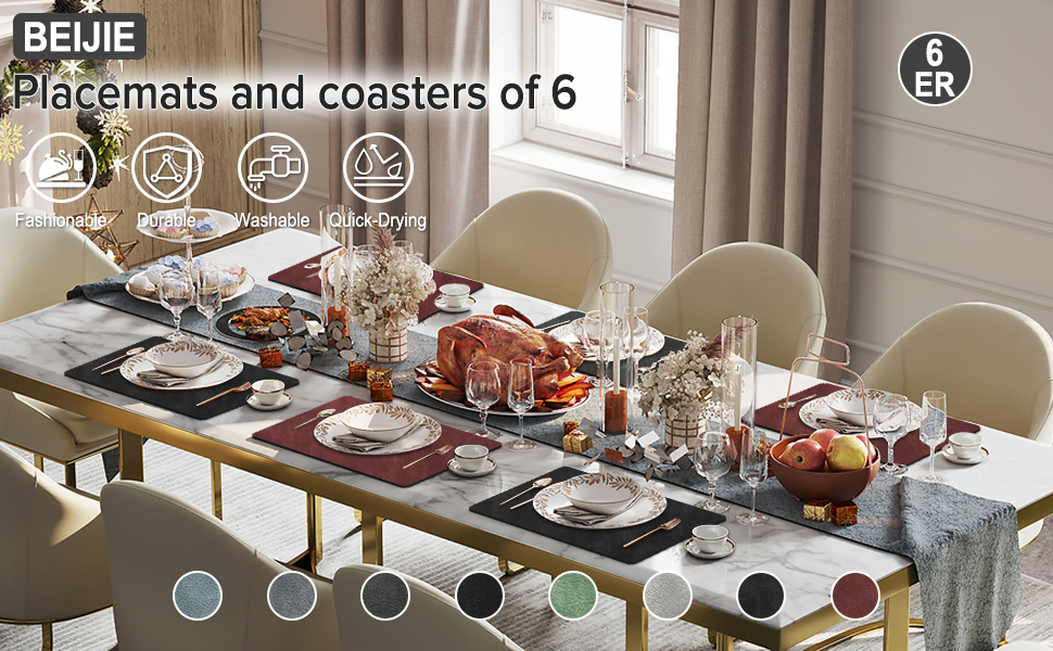Table Mats Set of 6, Large PU Leather Placemats and Coaster Sets 6