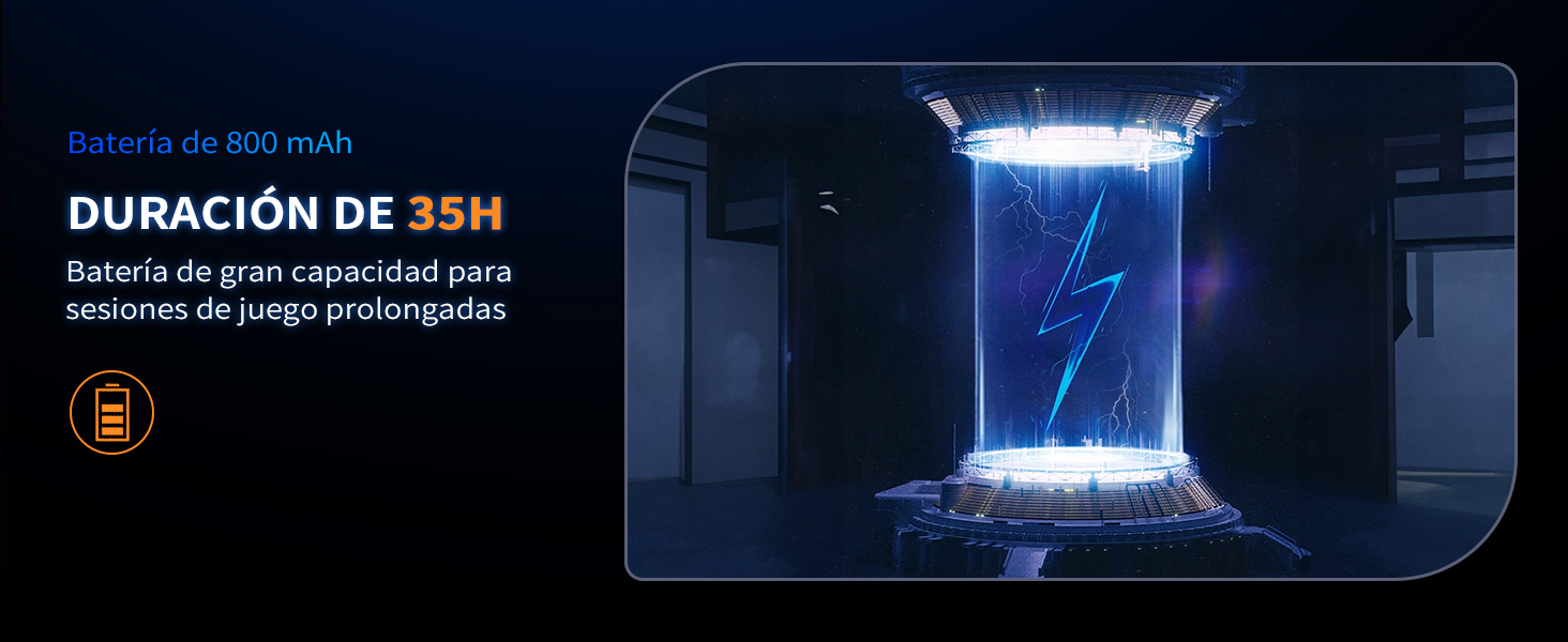 Dispositivo futurista con emisión de luz azul, con una duración de 35 horas. El texto indica que está relacionado con la purificación o desinfección del aire