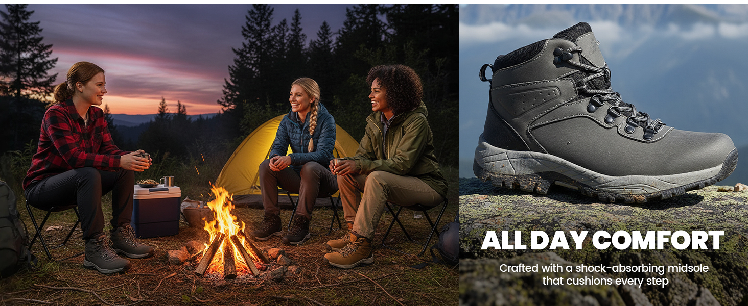 Text reads 'ALL DAY COMFORT'. Multiple lifestyle images showing outdoor camping scenes with campfire and hiking boots in rugged terrain.