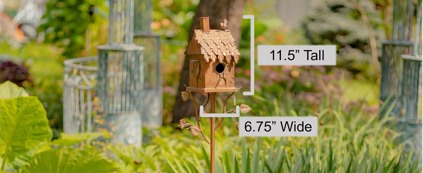 ZR142106-3 copper color patina bird house with shingle roof and metal walls large
