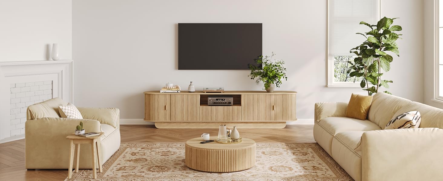 Tambour TV Stand, Modern Entertainment Center with Large Storage Cabinet & Open Shelves, TV Console