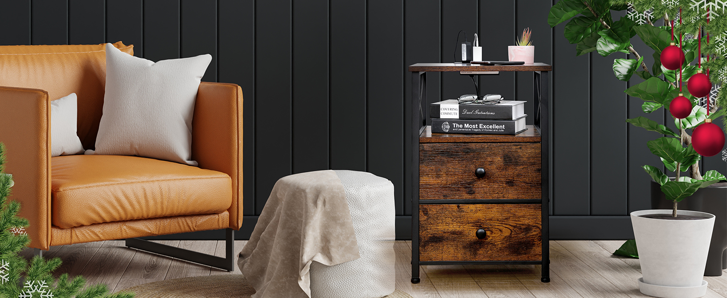 AMHANCIBLE End Table with Charging Station, Nightstand Set of 2 with