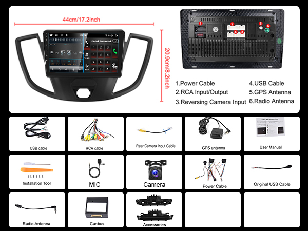 Car stereo radio head unit for Ford Transit packing list