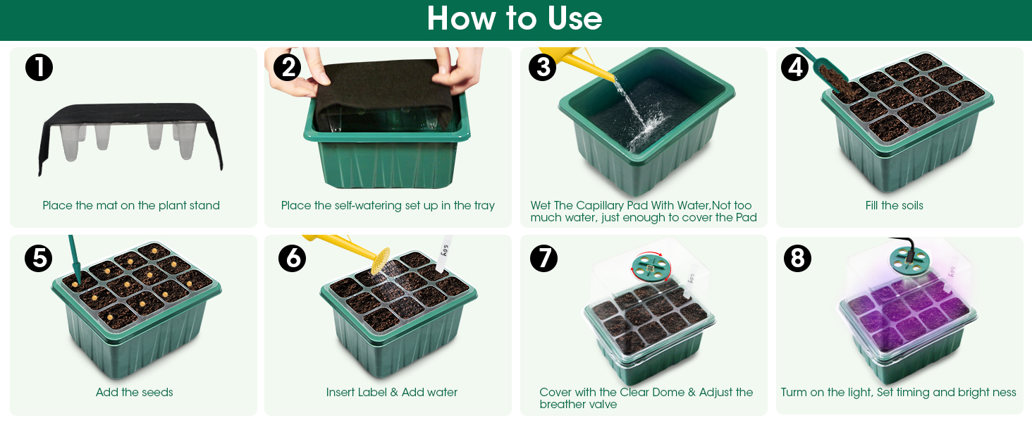 MQUPIN Self Watering Seed Starter Tray with Grow Light,6