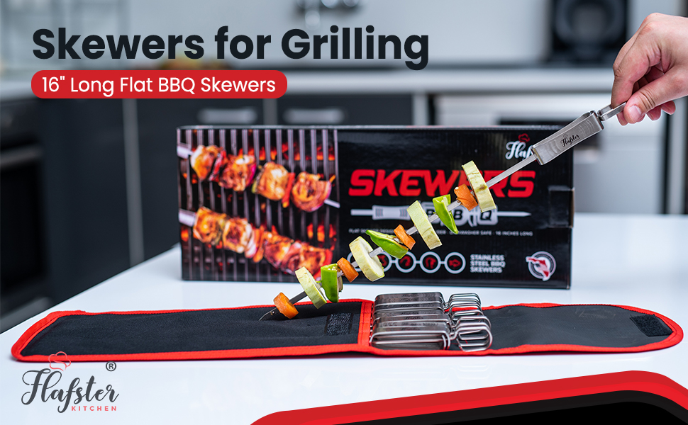 Skewers for Grilling -Stainless Steel -  Push bar - 16 Inches - Dishwasher Safe- Flafster Kitchen