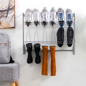 9-Pair Wall Mounted Silver Metal Wire Boot and Shoe Rack, Footwear Storage Organizer