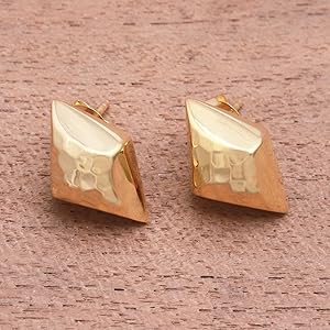 NOVICA Artisan Handmade Gold Plated Sterling   Silver  Button Earrings  Indonesia Modern Geomstone 