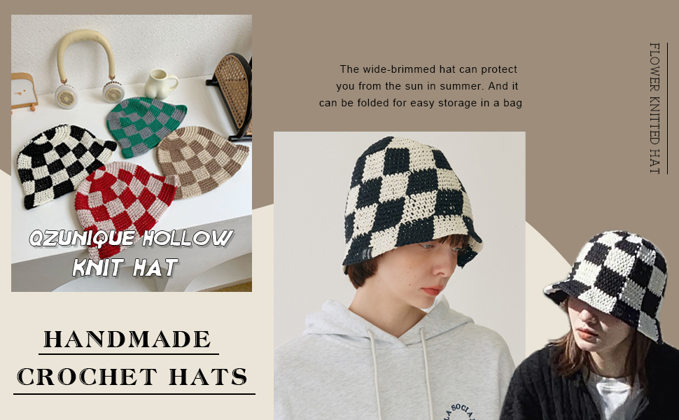 QZUnique Plaid Crochet Bucket Hat for Women Handmade Cloche