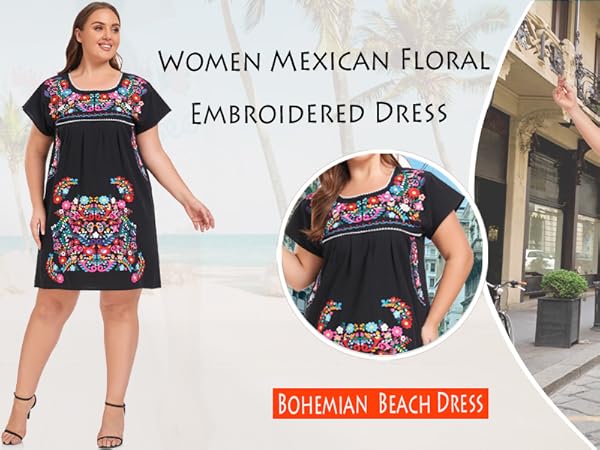 YZXDORWJ Women's Mexican Embroidered Plus Size Dress Floral