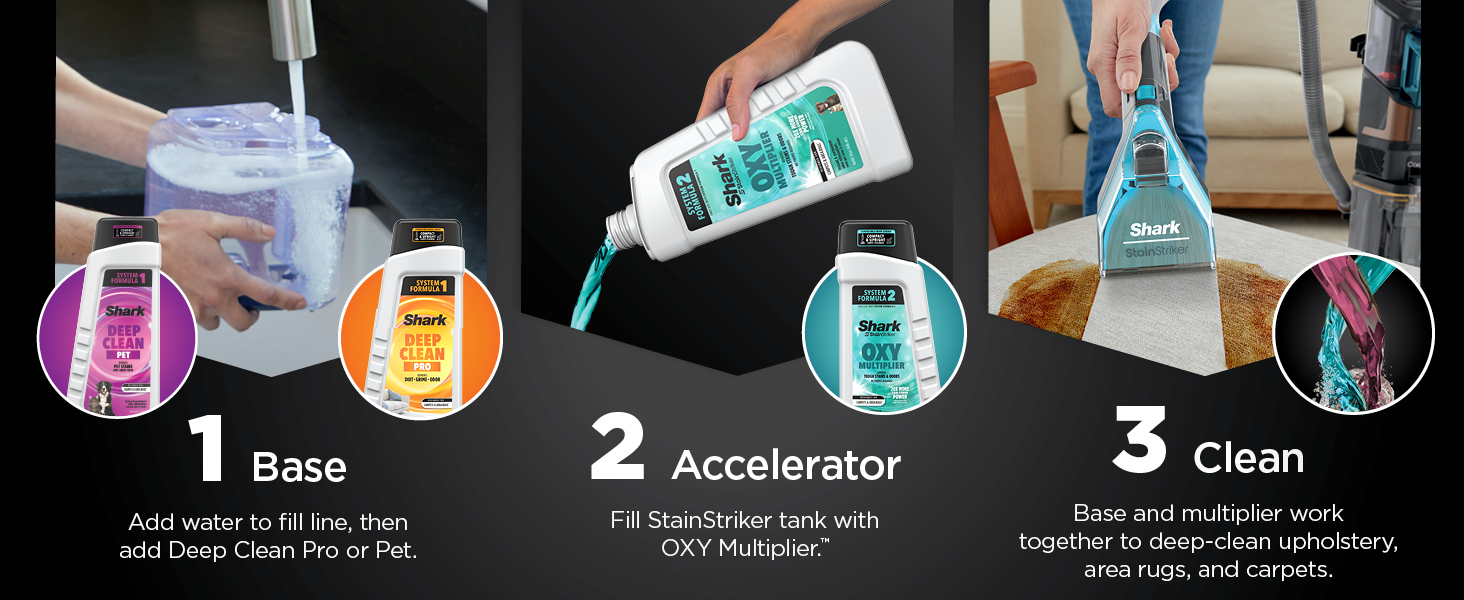 1. Add Water, then add Deep Clean Pro or Pet. 2. Fill with Oxy Multiplier 3. Clean