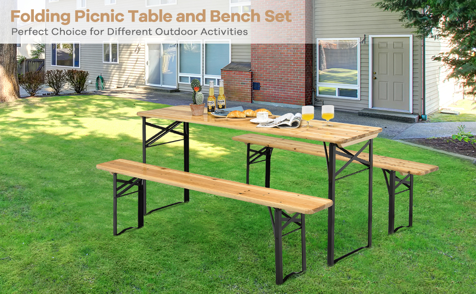 Goplus Foldable Picnic Table with Benches, 3Piece 70” Portable Beer Garden Table