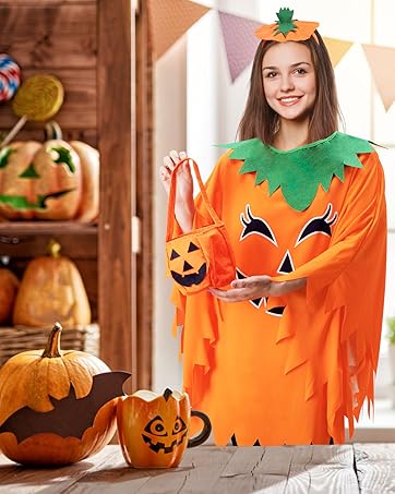3 Pcs Pumpkin Costume for Adult,Glow in the Dark Pumpkin Costume Women with Headband/Bag