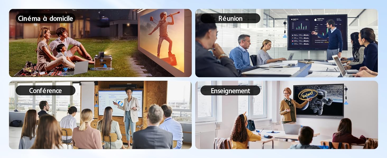 Composite de quatre images montrant différents scénarios : rassemblement en plein air, réunion d'affaires, discussion de groupe et présentation. Chaque image est étiquetée avec du texte.