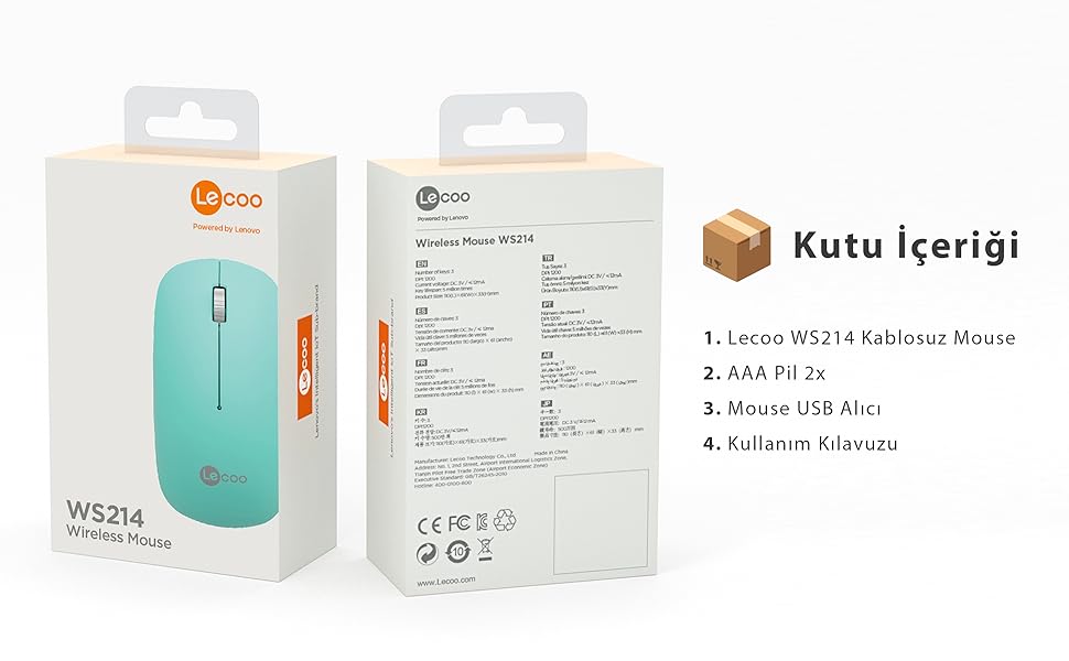 Lecoo WS214 Kablosuz 1200DPI 3 Tuşlu Optik Mouse Turkuaz