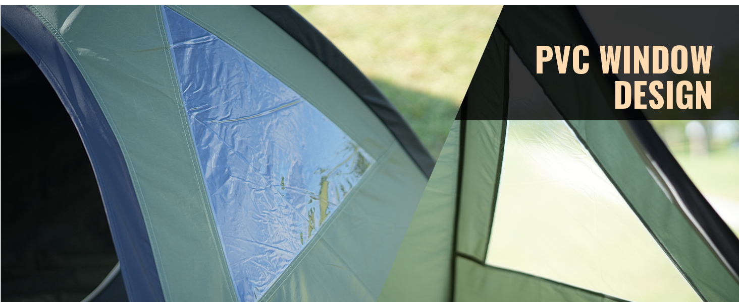 Text reads 'PVC WINDOW DESIGN'. Shows detail of tent window construction with blue-tinted transparent PVC material.