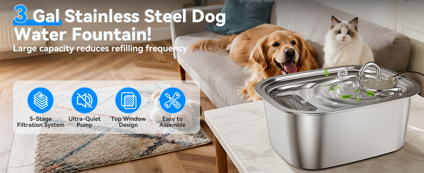 3 Gal Stainless Steel Dog Water Fountain for Large Dog