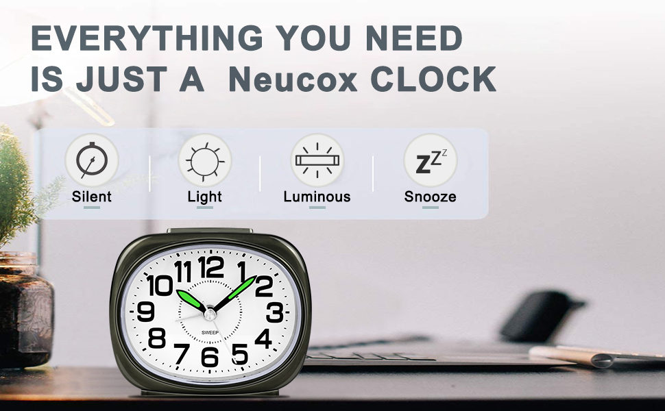 Neucox Silent Alarm Clocks Bedside Non Ticking Battery Powered Simple