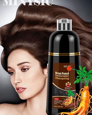 Flacon de produit capillaire noir avec des accents dorés et une illustration de plante de ginseng, avec la marque Minisic sur fond foncé avec des cheveux coiffés