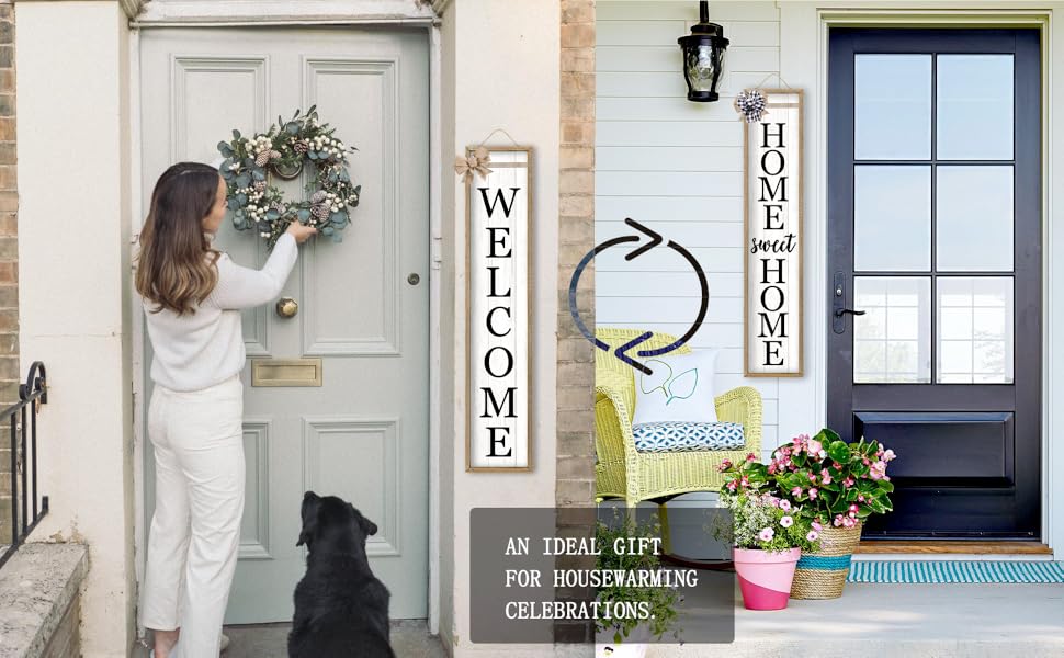 Woman hanging wreath by &#34;WELCOME&#34; sign; &#34;HOME sweet HOME&#34; sign by door with plants.