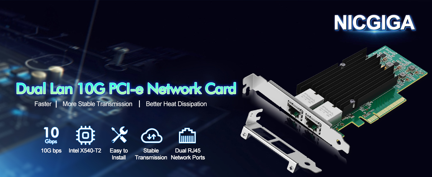 10Gb Dual LAN BaseT PCIe Network Card, Intel X540 Controller, NICGIGA